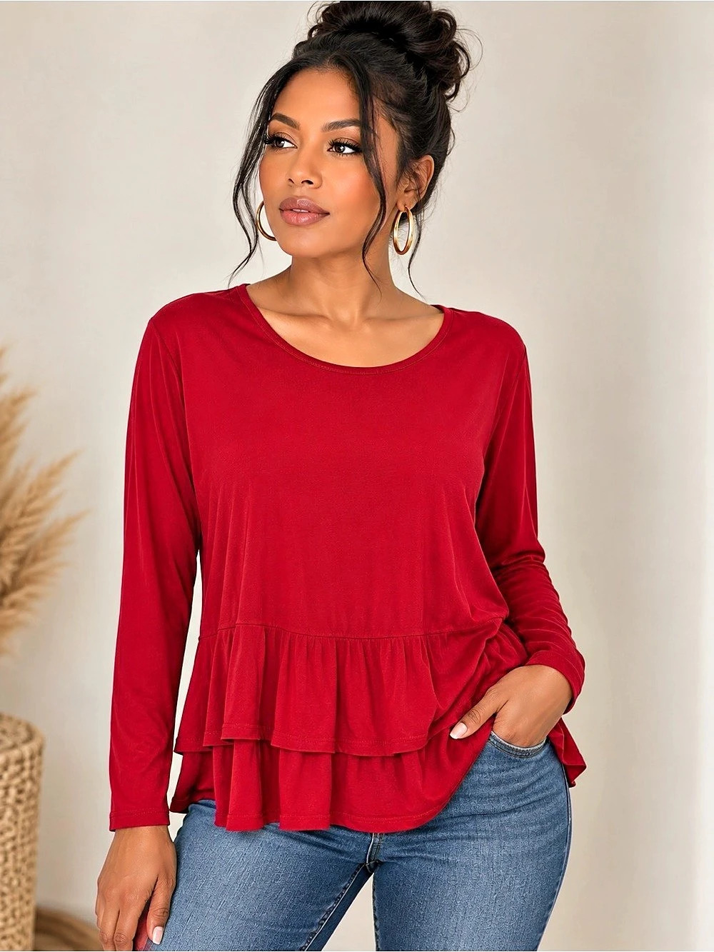 J.Jill Wearever Red Ruffle Tunic Top Size Extra Large